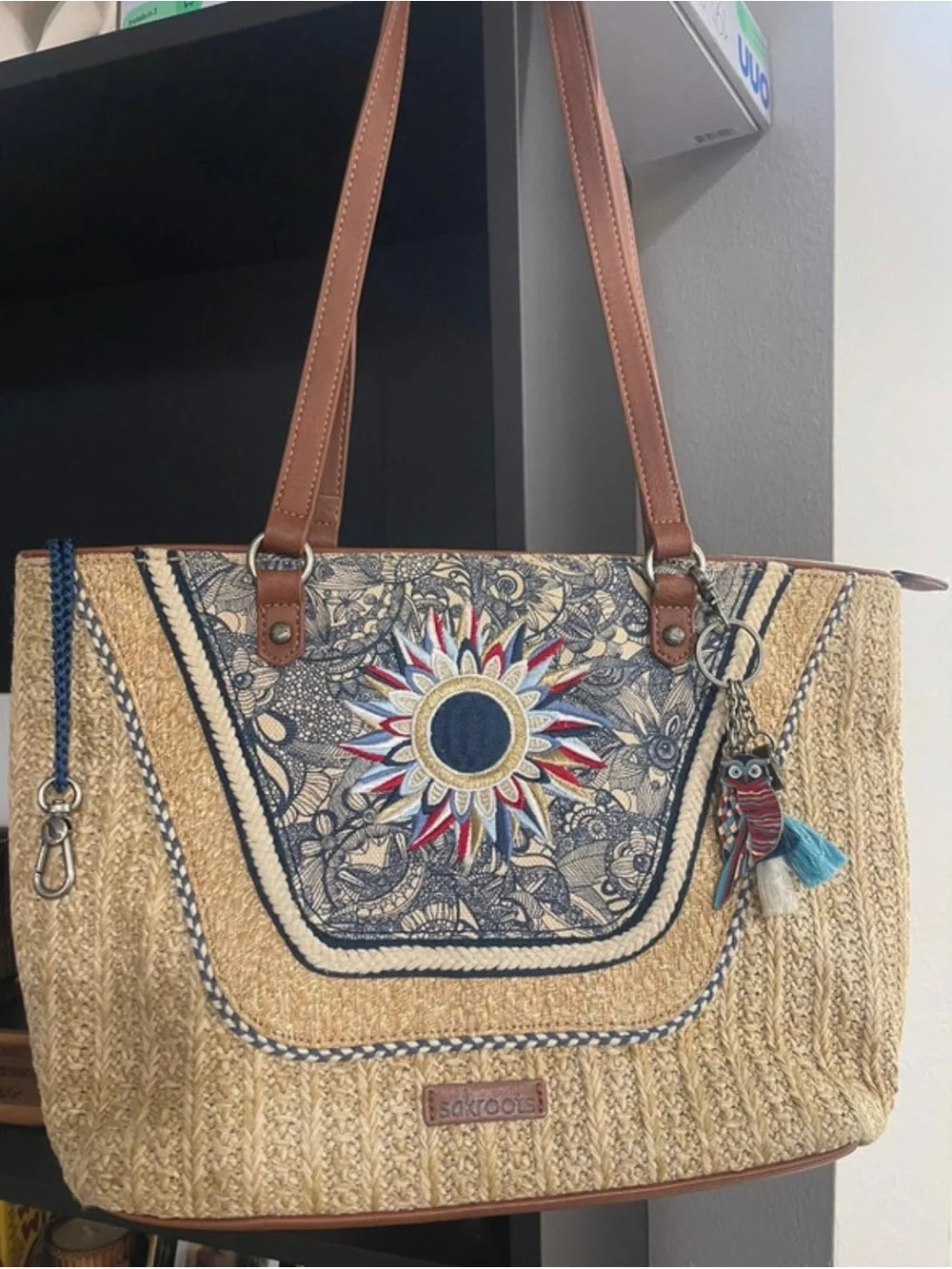 Sakroots Straw Tote with Multicolor Sunflower Embroidery Charm included